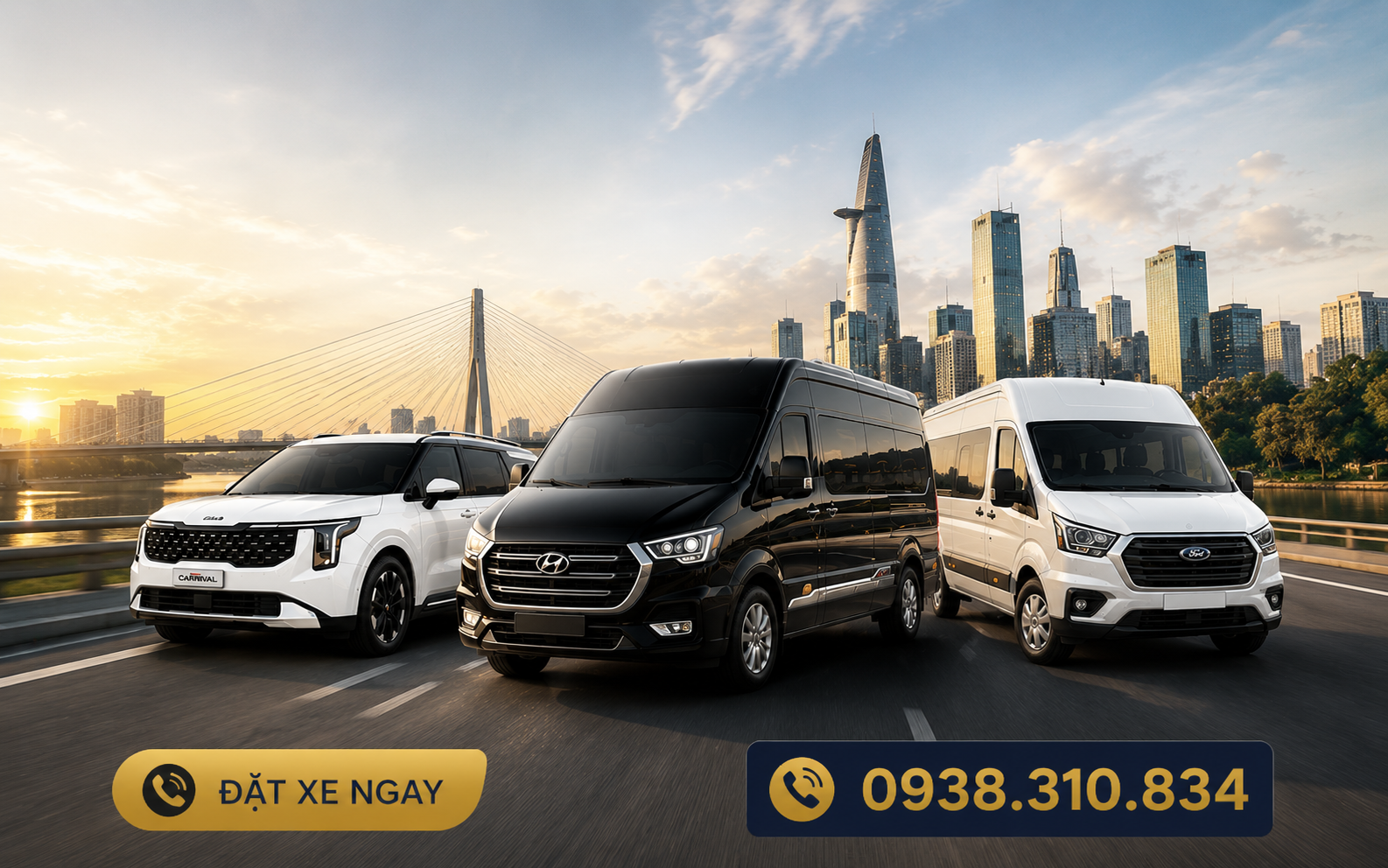 Thiên Phúc Travel thuê xe có tài xế Ford Transit 16 chỗ, Kia Carnival và Dcar Limousine